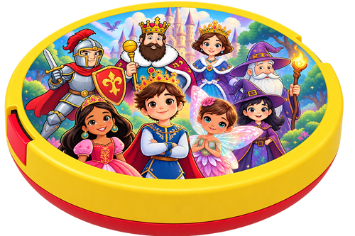 Tale Spinner Fairytale Cartridge disc showing Knight, Witch, Wizard, Fairy, Princess, King, Queen and Prince characters