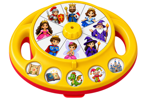 Tale Spinner screen-free storytelling toy with spinning wheel showing eight character illustrations