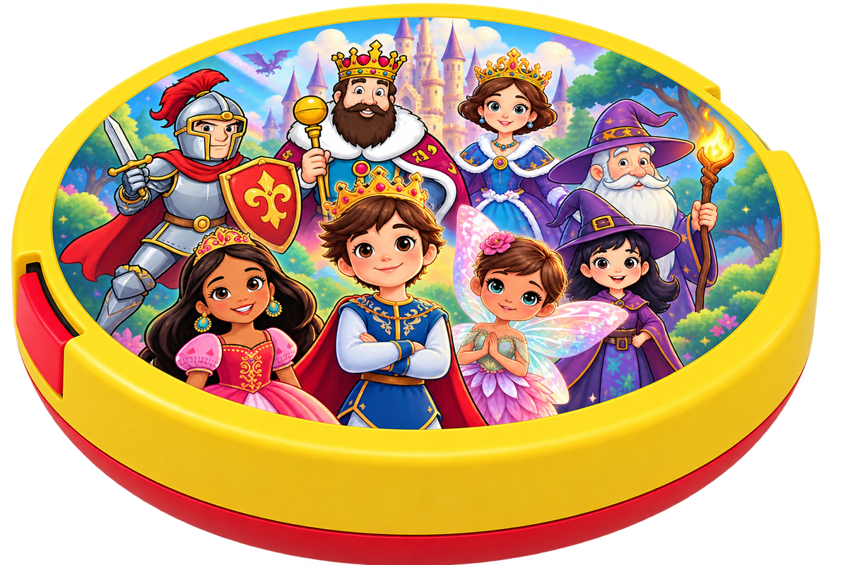 Tale Spinner Fairytale Cartridge disc showing Knight, Witch, Wizard, Fairy, Princess, King, Queen and Prince characters